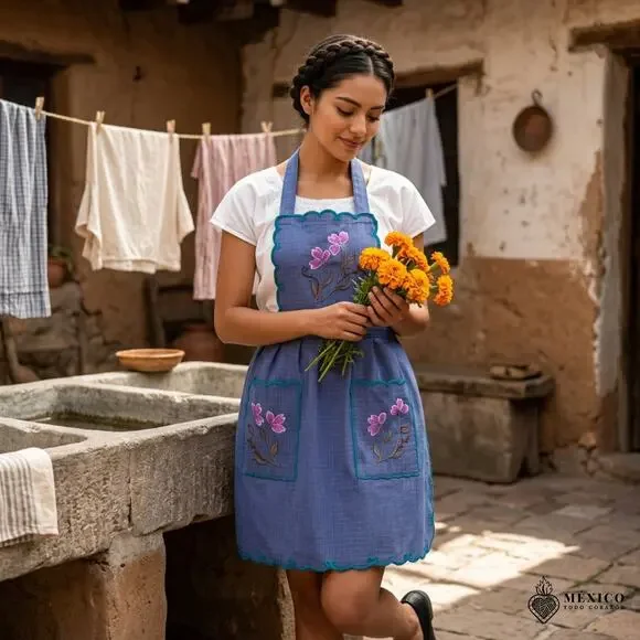 Mexican Embroidered Bib Apron for Women – Multicolor with Floral Design