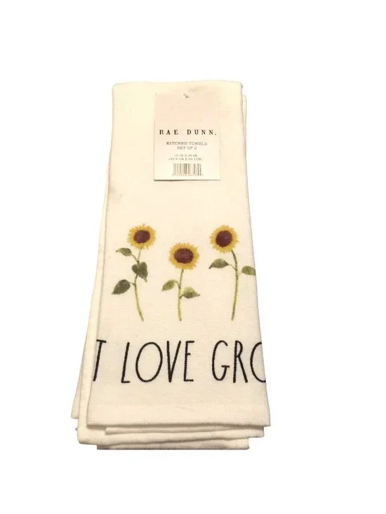 Rae Dunn LET LOVE GROW. Sunflowers White Kitchen Towels Set of Two