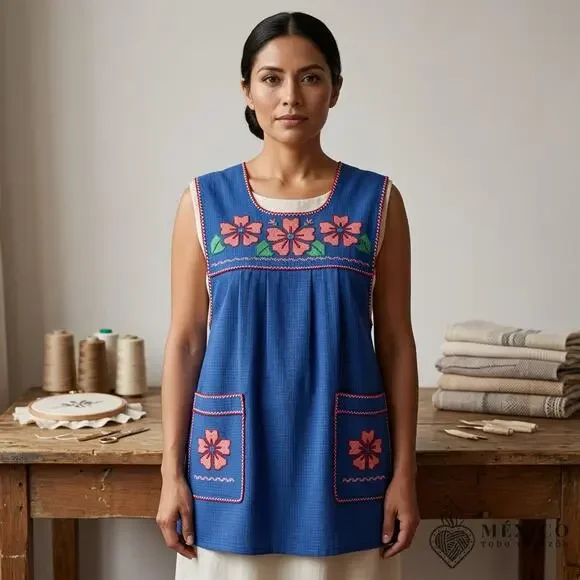 Traditional Mexican Cross-Stitch Embroidered Apron – Deluxe Artisan Smock Style