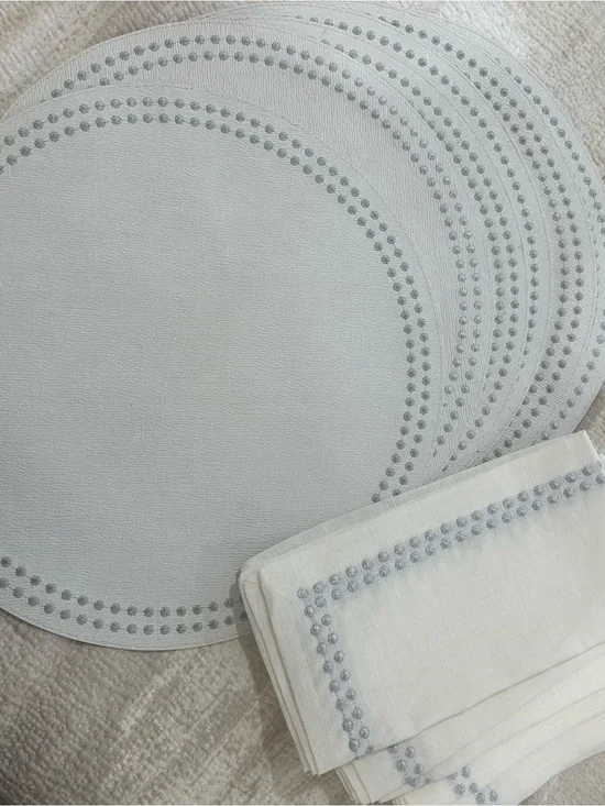 White Round Placemat Set with Gray Stud Trim - Home Dining