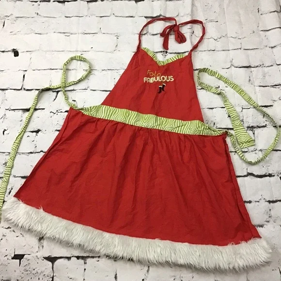 Holiday Christmas Apron Fa-La Fabulous Kristen Levis Design‎ Red Green Fur Trim