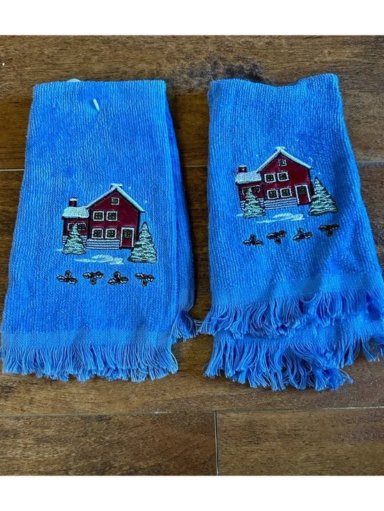 Blue Hand Towels with Red House and Tree Embroidery