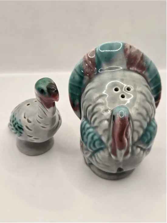 Vtg 60s Turkey Salt & Pepper Shakers Tom Hen Couple Thanksgiving Fall Gray