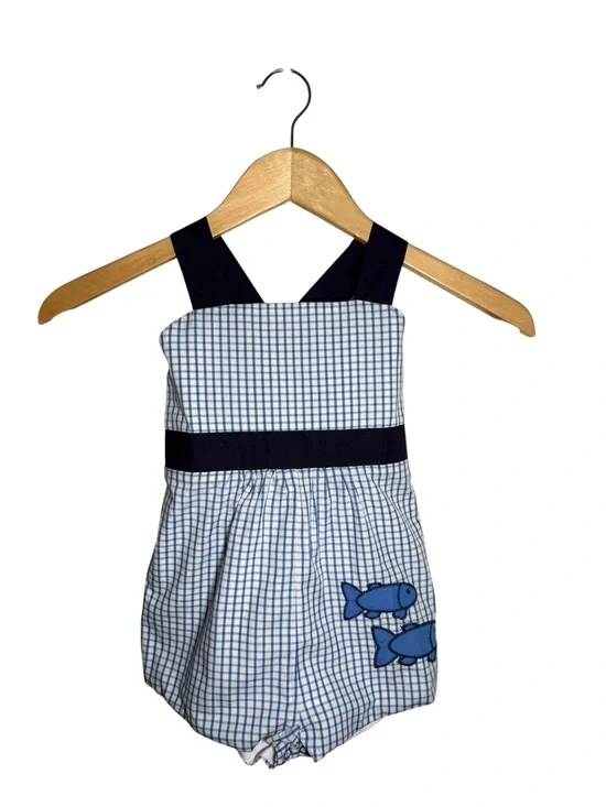 The Beaufort Bonnet Company Shadley Shortall Blue Windowpane Fish Applique NWT