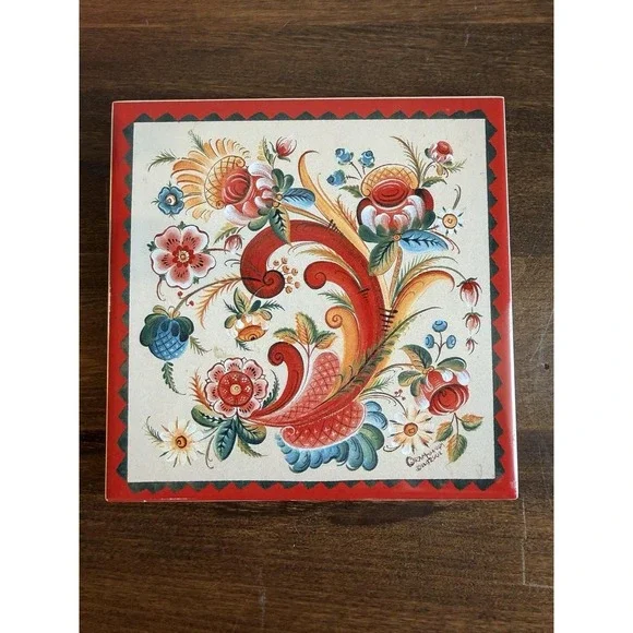 OS Rosemaling Gayle Oram Ceramic Trivet Wall Hanging Cork Backing