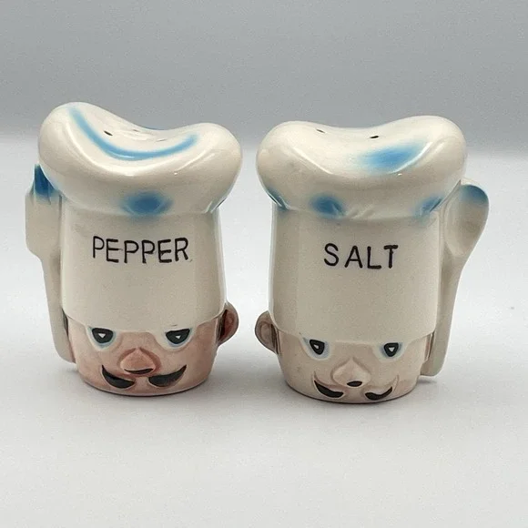 Vintage Chef Head‎ Hat Salt and Pepper Shakers Fork Spoon Large Japan Mustache