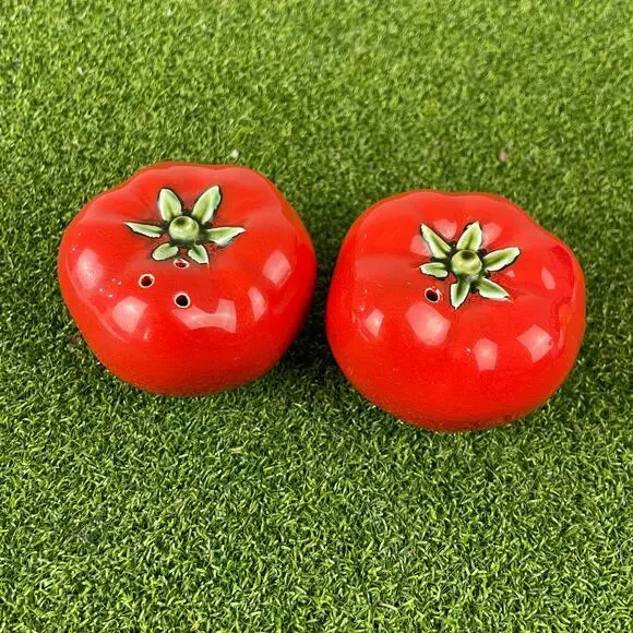 Vintage Set Ripe Tomato Glossy Red Ceramic Salt and Pepper Shakers
