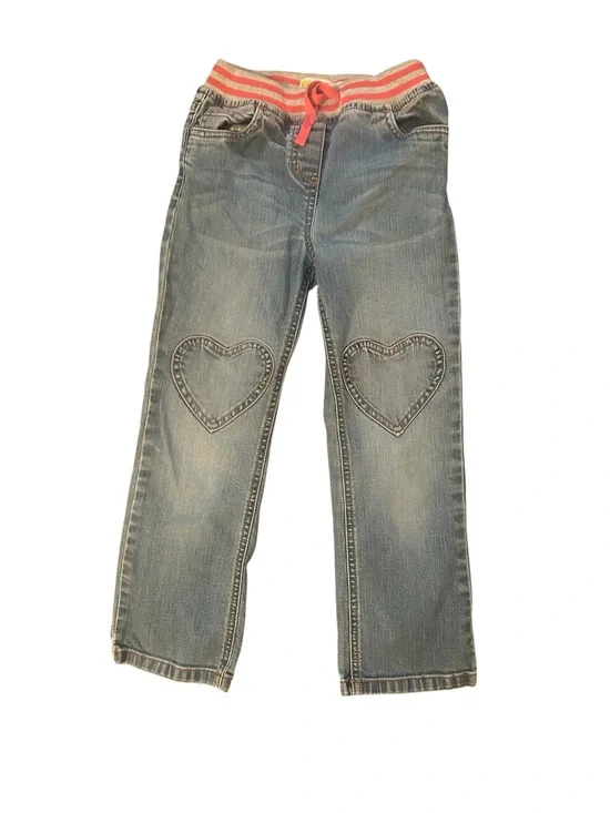 Mini Boden Blue Denim Jeans Pink Elastic Waist Heart Knee Patches Size 6Y