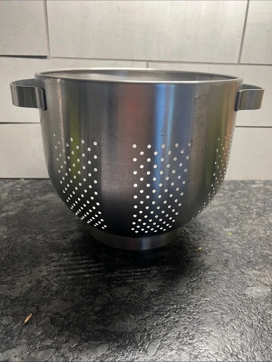 Stainless Steel Colander with Side Handles - Silver. Tall instead of wide.