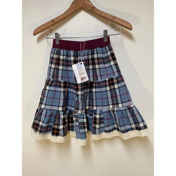 Girls Midi Mom and Pop's Kids Skirt Sz 5 Blue Plaid Flannel Upcycle Lace Western