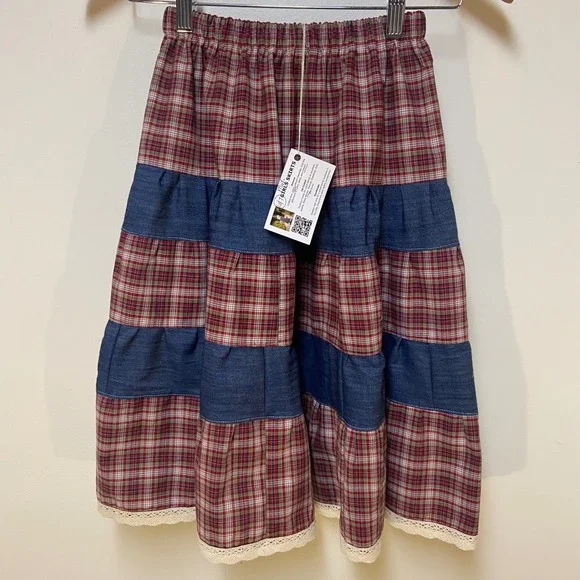 Girls Midi Mom and Pop's Kids Patchwork Skirt 6/7 Red Plaid Denim Lace Western