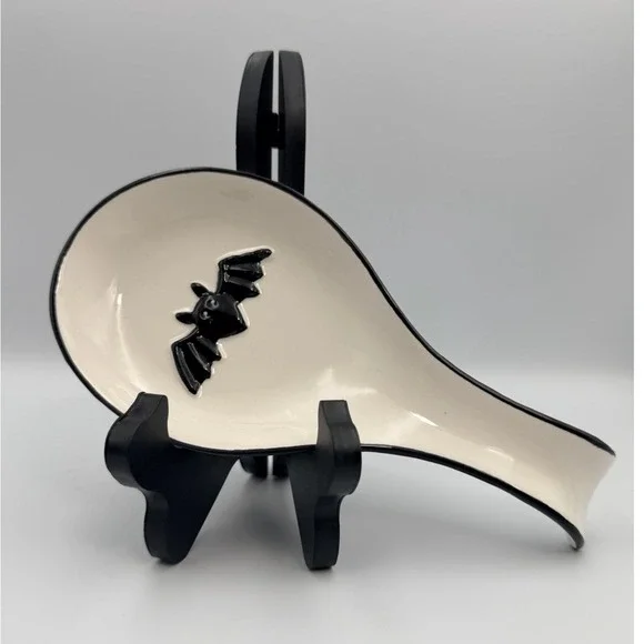 Halloween Bats Black White Ceramic Spoon Rest Spooky Fun 9.5
