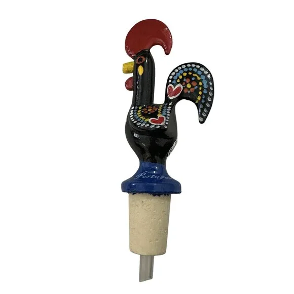 Portuguese The Rooster of Barcelos Black Bottle Stopper Cork Dispenser Souvenir