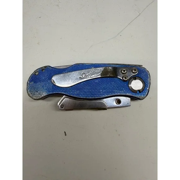 Sheffield Folding Utility Knife Blue Textured Aluminum Handle Pocket Clip