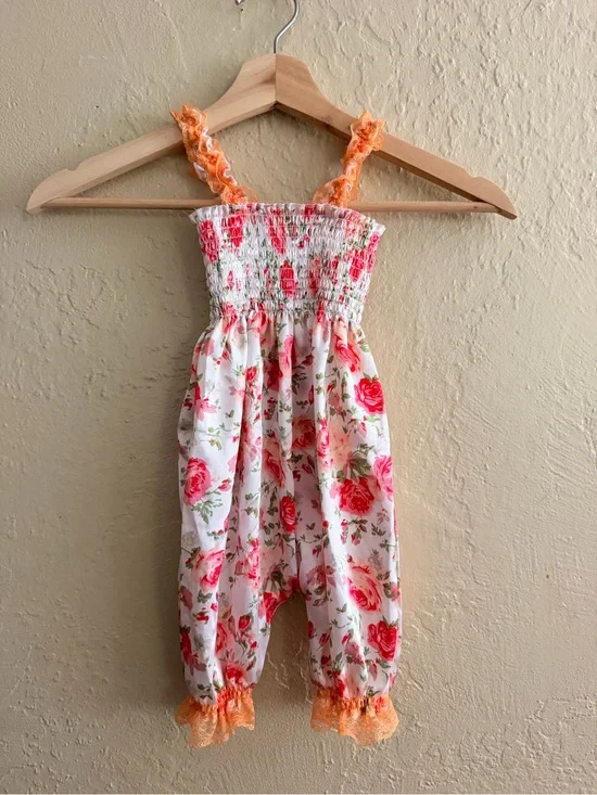 Floral Pink & Orange Smocked Kids Romper