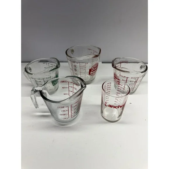 Anchor Hocking Oven Basics Glass Measuring Cup Lot 5pc Assorted Sizes Clear Red