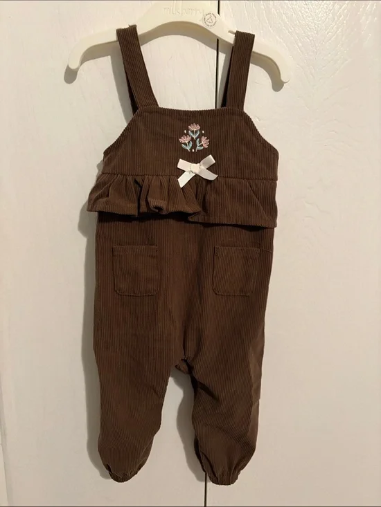 Baby Starters Brown Corduroy Ruffle Strap Overalls with Embroidered Flowers