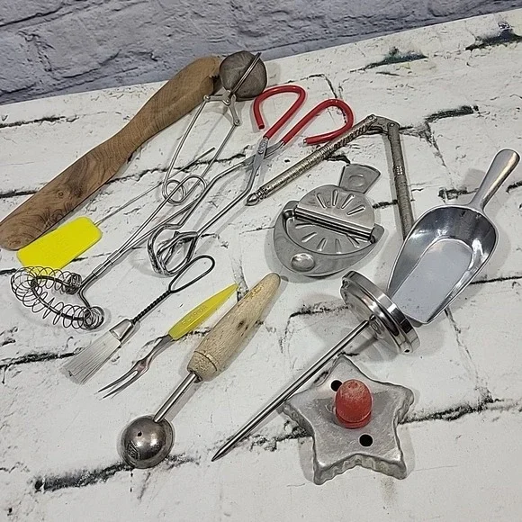 Vintage Kitchen Gadgets Random Lot Tea Strainer Scoop Melon Baller Tongs Cracker
