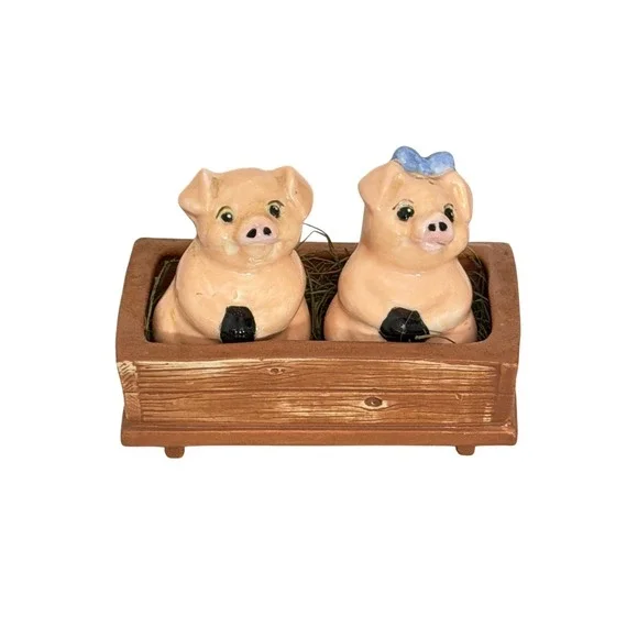 Vintage Pig Salt and Pepper Shakers Pink Trough Farmhouse Decor