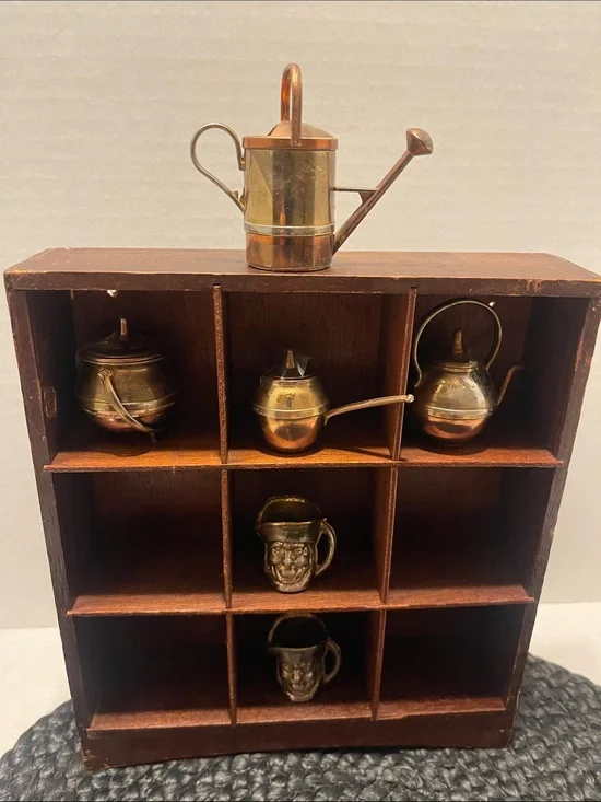 Brass Miniature Tea and Watering Can Set Gold and Brown w/wood shelf, vintage