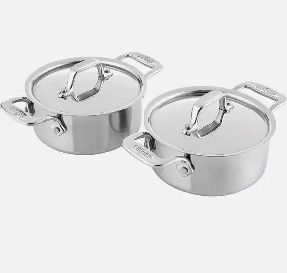 Two ALL CLAD Stainless Steel 1/2 QT. Cocotte with Lids. New. Lifetime Warranty