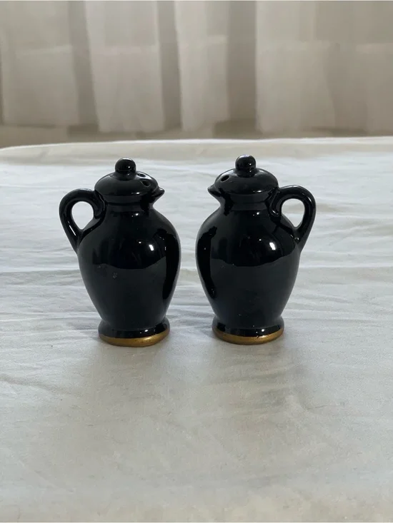 Vintage Black Ceramic Salt & Pepper Cruet Set with Gold Accents