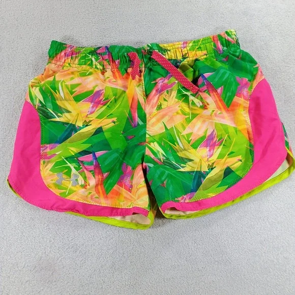Under Armour‎ Girls HeatGear Shorts Tropical Floral Green Pink Medium Loose Fit