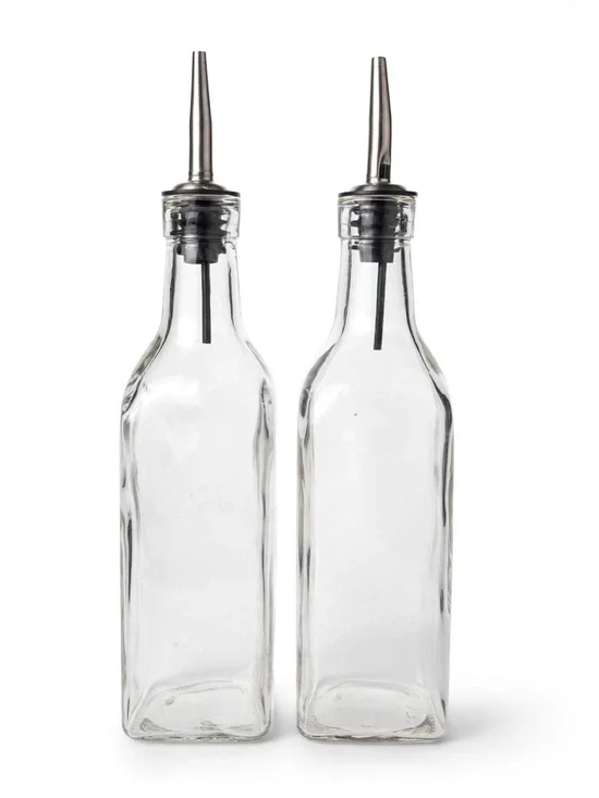 Clear Glass Oil & Vinegar Bottles with Stainless Pour Spouts - Set of 2