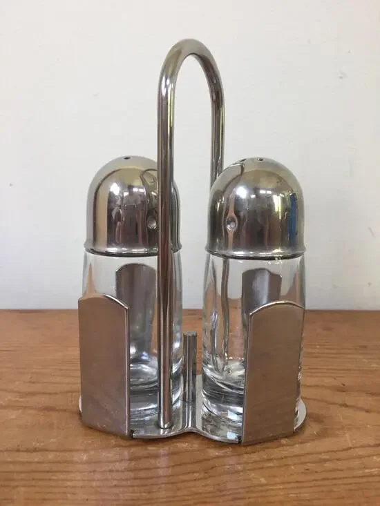 Vintage Art Deco Style Italian Glass Shiny Chrome Salt Pepper Shakers w Stand