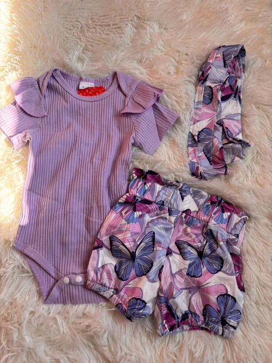 Lilac Ribbed Top with Butterfly Print Skirt Set