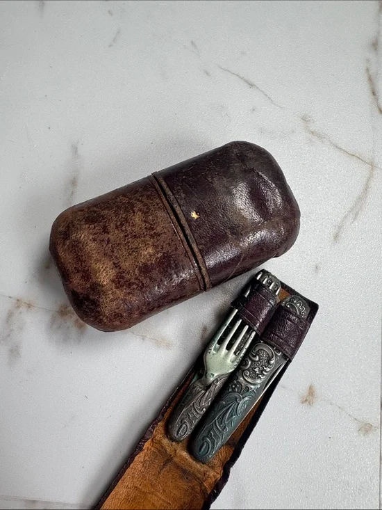 Antique Foldable Travel Fork & Knife Leather Camp Hike Unique Rare