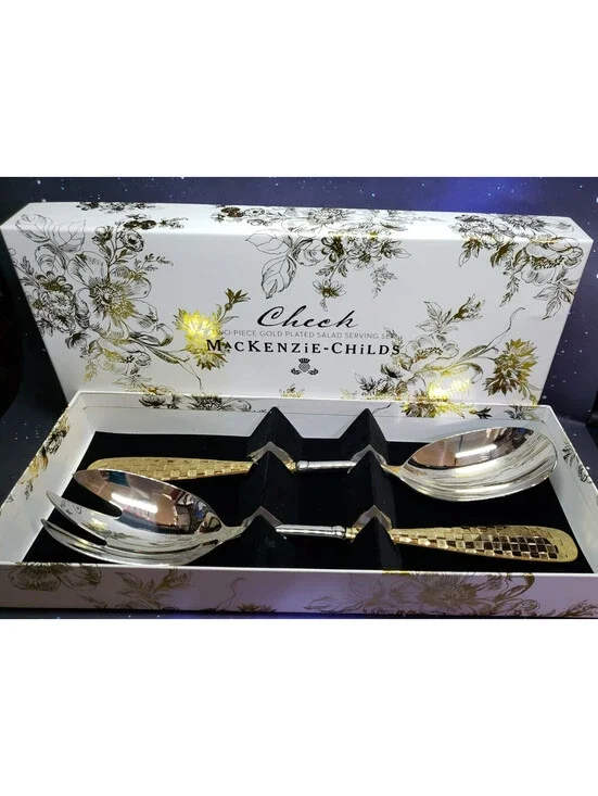 McKenzie Childs Gold Plated Salad Serving Set NEW IN BOX Check Pattern