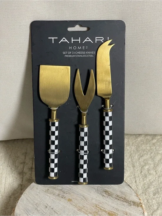 Tahari Home Set of 3 Cheese Knives Gold Stainless Steel Black White Checkered