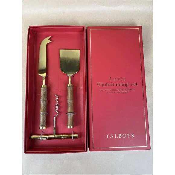 Talbots 3 Pc Cheeseknives and‎ Corkscrew Wintertaining Set New Bamboo Style Gift