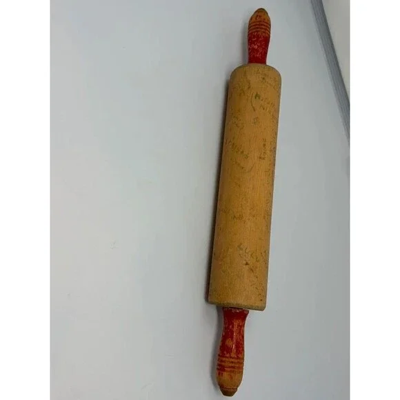 Vintage Signed Wooden Rolling Pin Red Handles Novelty Guest Book Bridal Gift