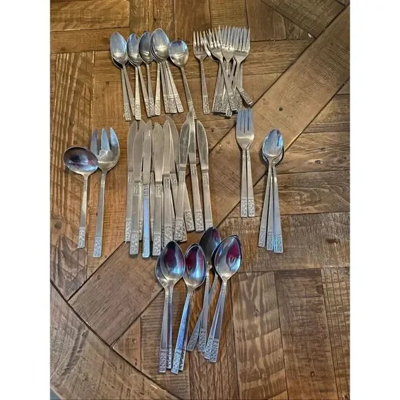 Vintage Custom Craft Stainless Steel Flatware 52PCs Fleur De Lis Mid Century MCM