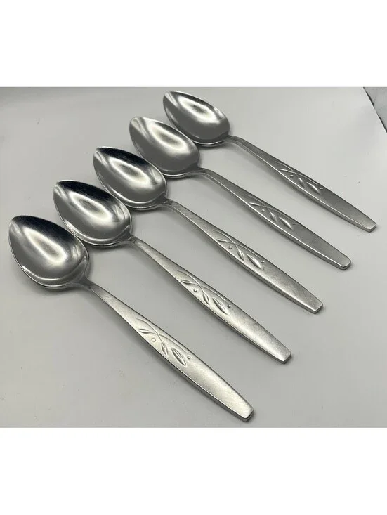 5- ONEIDA HEIRLOOM Cube Mark WILL O' WISP Stainless Teaspoon Lot ~6 1/8