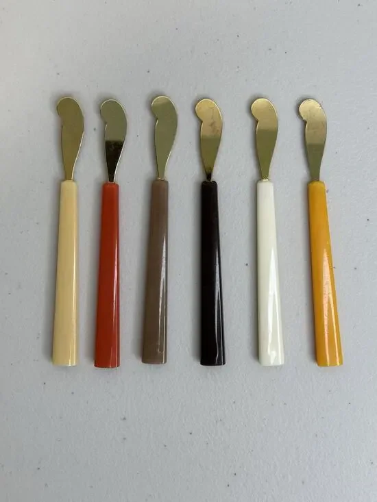 6 MCM Lucite Utensil Cheese Spreaders Bakelite Handles Gold Tone Stainless Steel