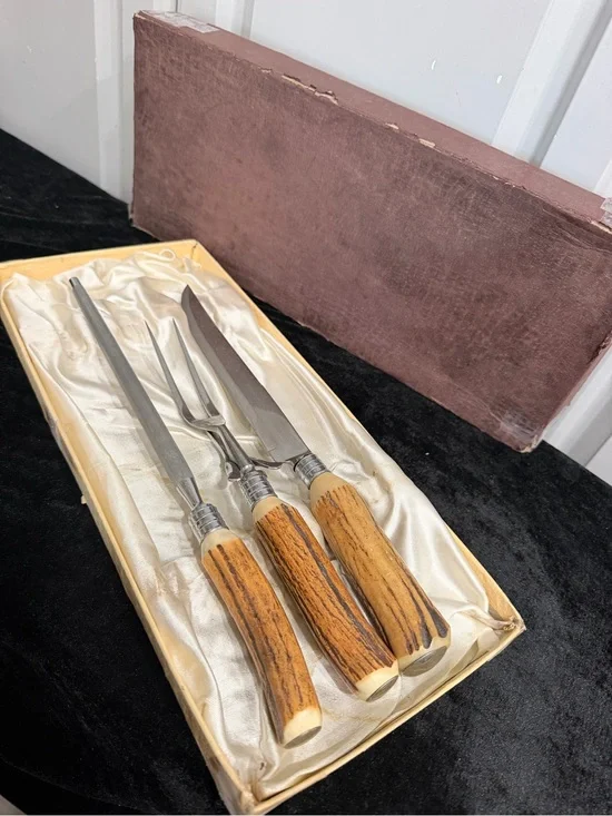 Vintage Sheffield Carving Set Rusnorstain Steel & Bone Brown Handles