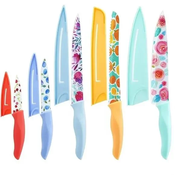 5pc Floral Kitchen Knife Set High Carbon Stainless Steel w/ Blade Covers