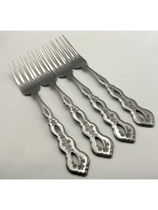 4- Oneida Community FANTASY Burnished Stainless Pierced Hndl Dinner Fork ~7.25”
