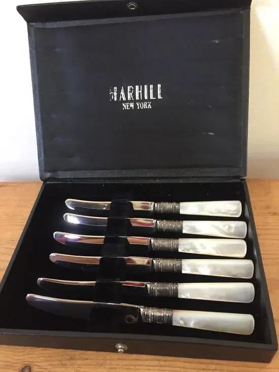 6 Vtg Harhill Marni L Mother of Pearl Germany Stainless Silverplate Knife Set