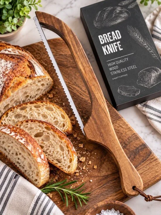 Acacia Wood Handle Bread Knife Serrated Stainless Steel Curved Artisan Kitchen