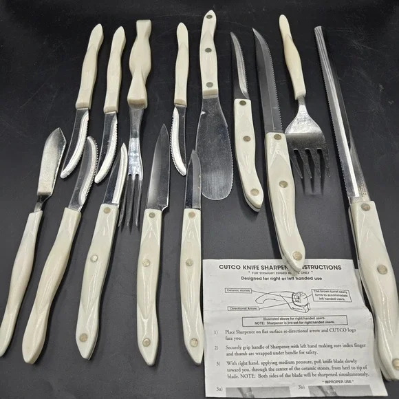 Vintage CUTCO Pearl White Knife Set 14 Piece USA Made Spatula Forks Steak Knives