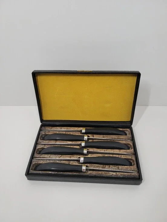 Vtg West Bend Black Handles Set of 6 Serrated Steak Knives Hand Crafted Boxed