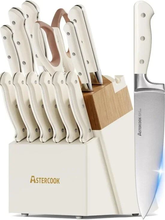 14-Piece Stainless Steel Kitchen Knife Set with Block, Sharpener & Ergonomic