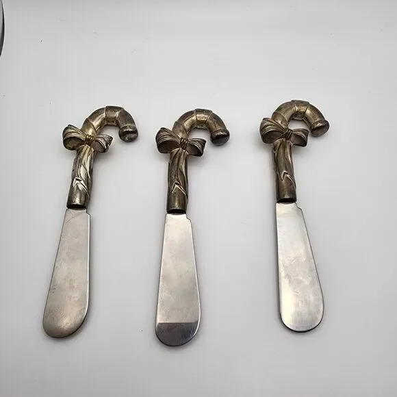 Stainless Steel & Silver Plated Set of 3 Candy Cane Condiment Spreaders