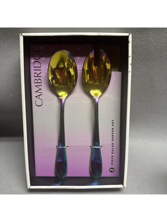 Cambridge 2 Piece Salad Server Set Celeste Rainbow Mirrored Iridescent Spoons
