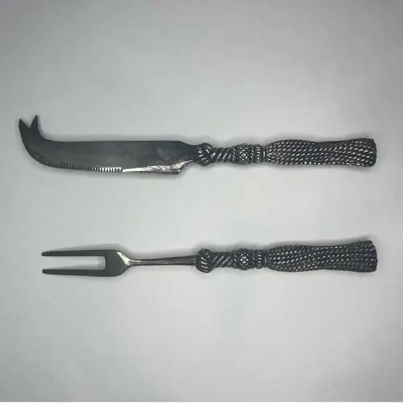 Silea Silver Vintage 80s Cheese Serving Set Knife & Fork Braided Cord Set of 2