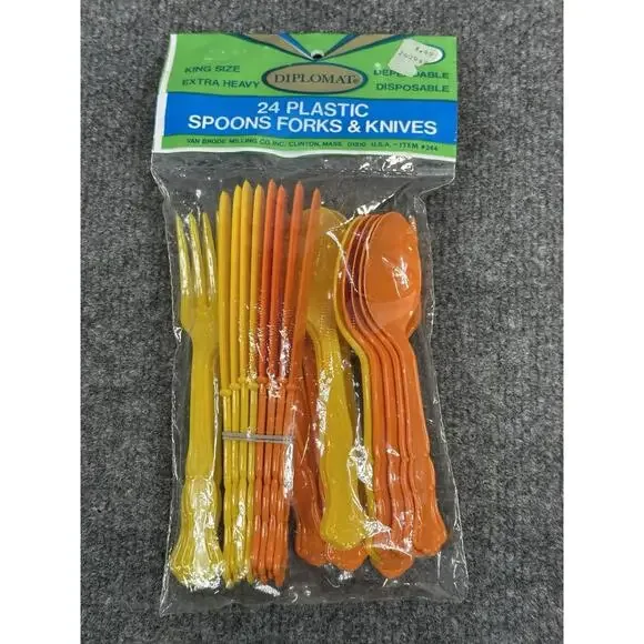 VTG Picnic Camping‎ Plastic Spoons Forks Knives Utensils 23 Pieces Orange Yellow